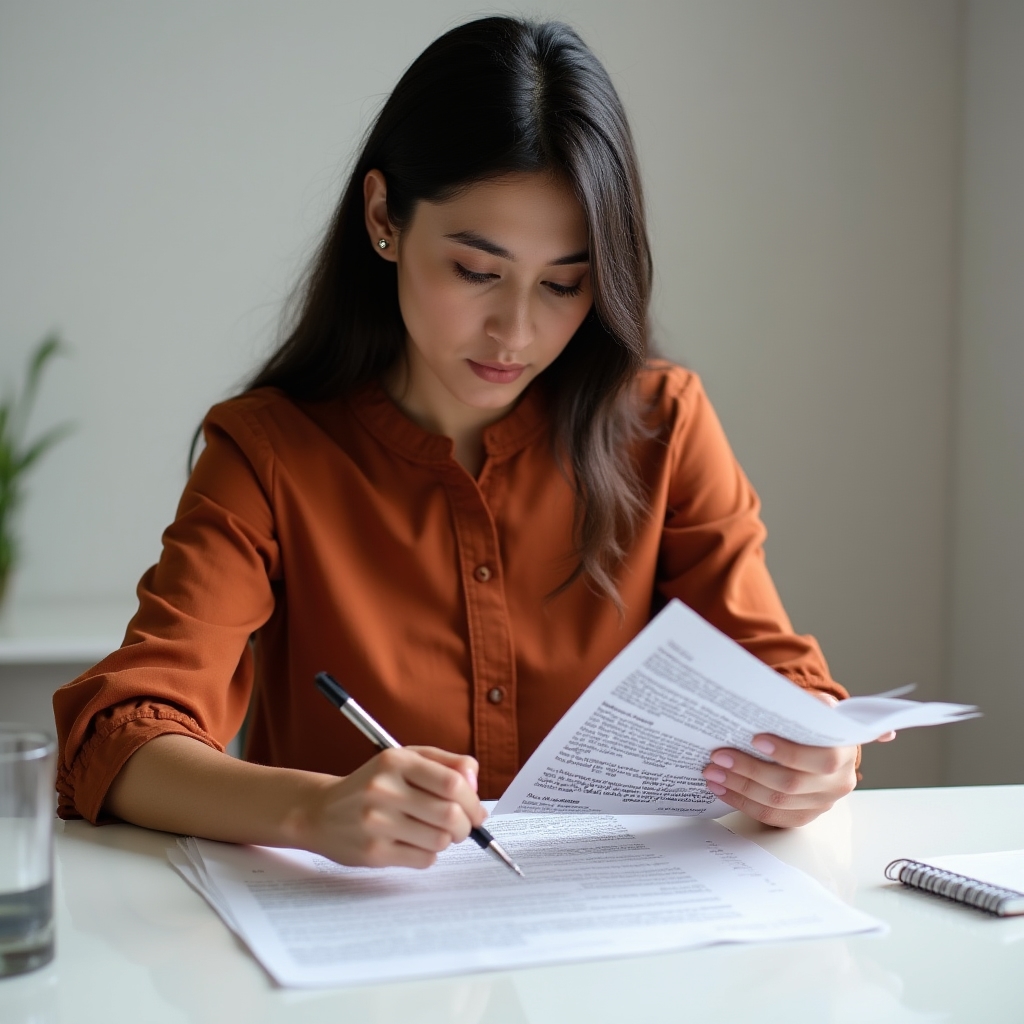 Young adult carefully reading a financial contract with focused attention, pen in hand, at a clean modern desk