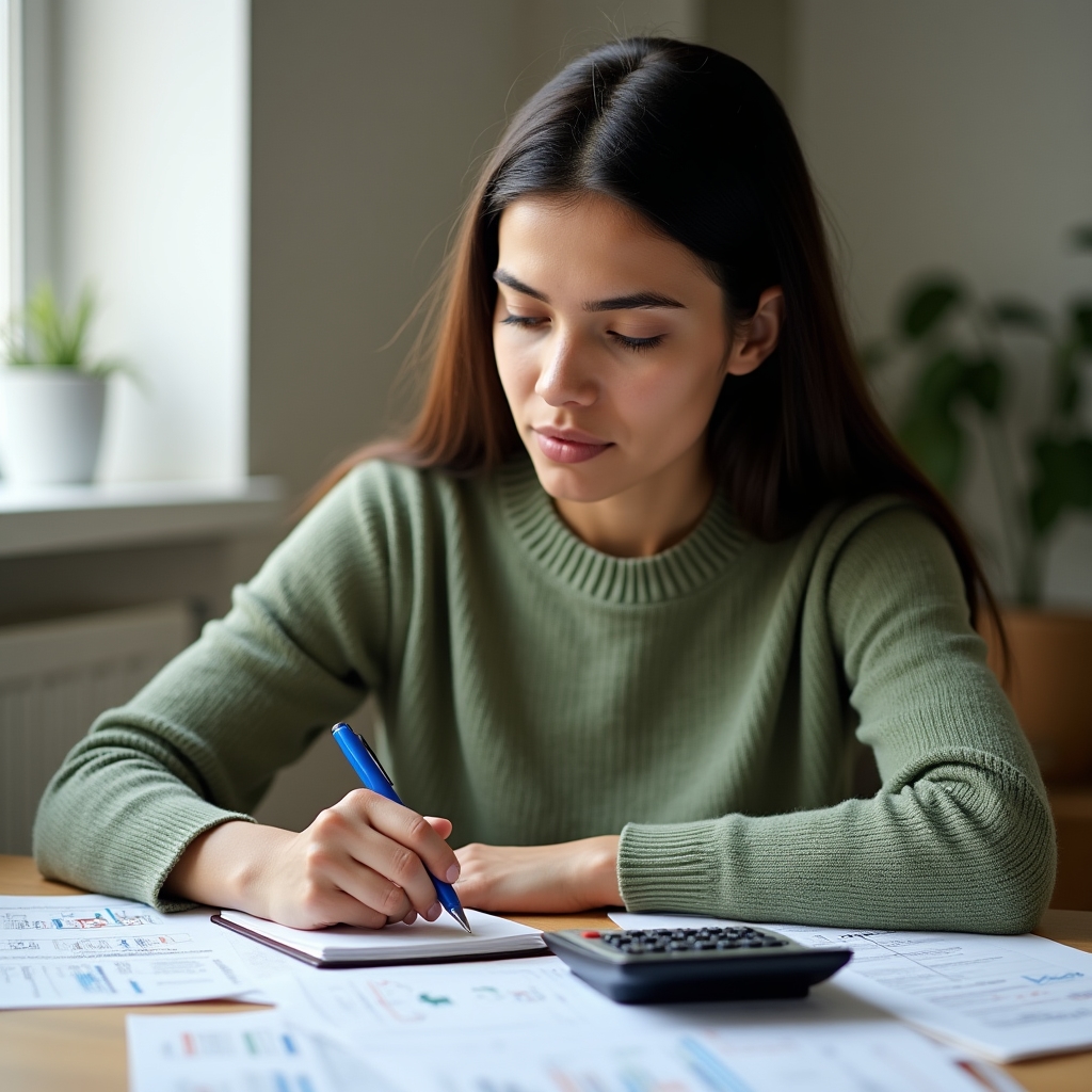 Person using a calculator and writing on paper to calculate early loan payoff amount, financial documents visible nearby