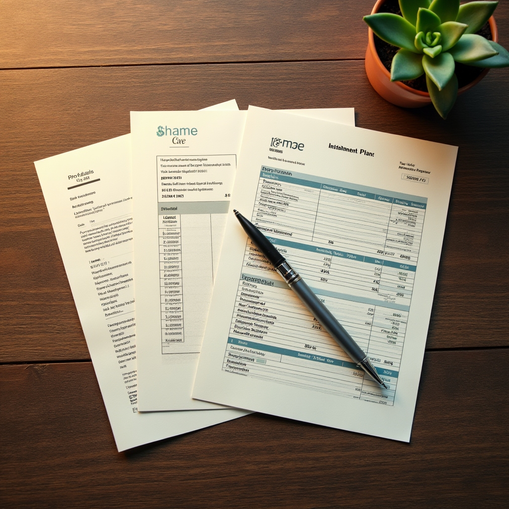 Financial documents, bank statements and a pen spread across a wooden table