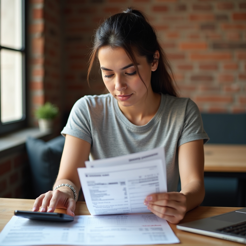 Person calculating installment plan costs at a desk with documents and a calculator