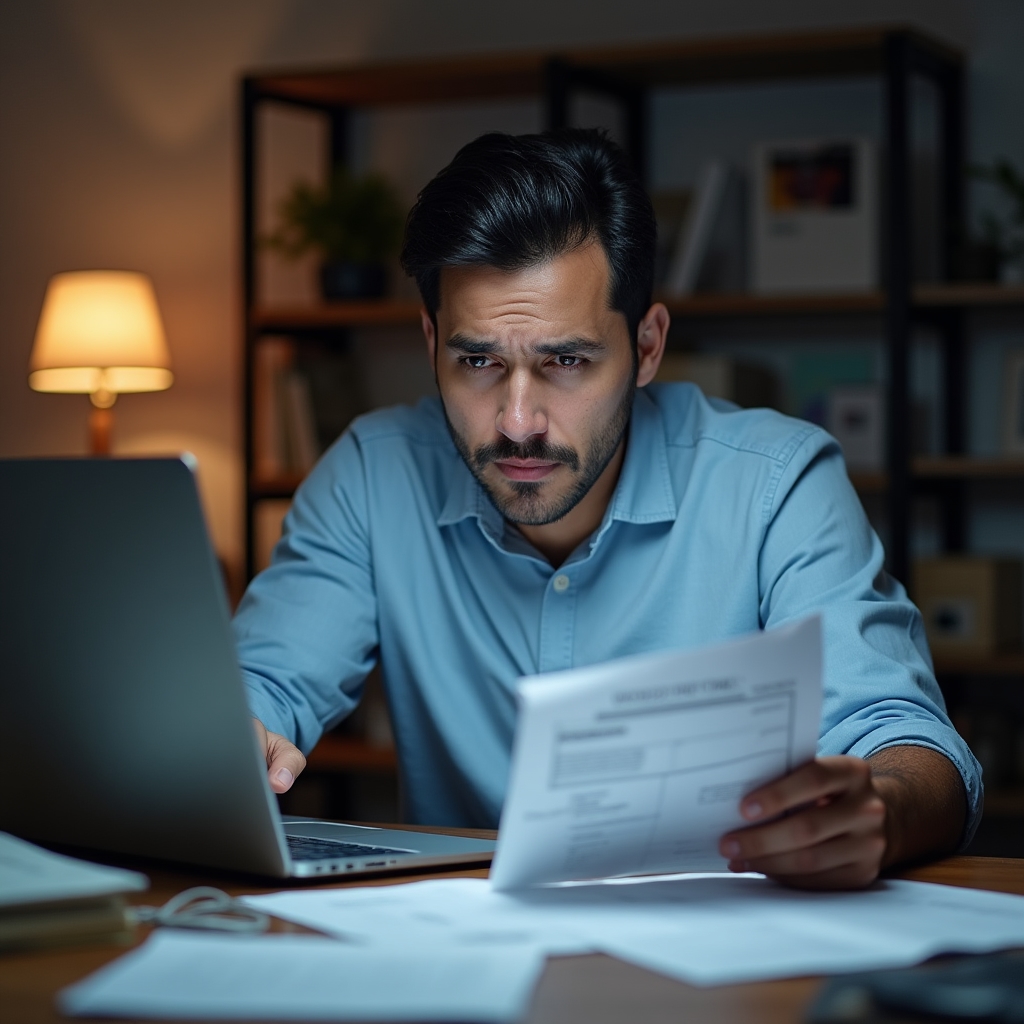 Person reviewing overdue payment notices with stressed expression, papers and laptop on desk