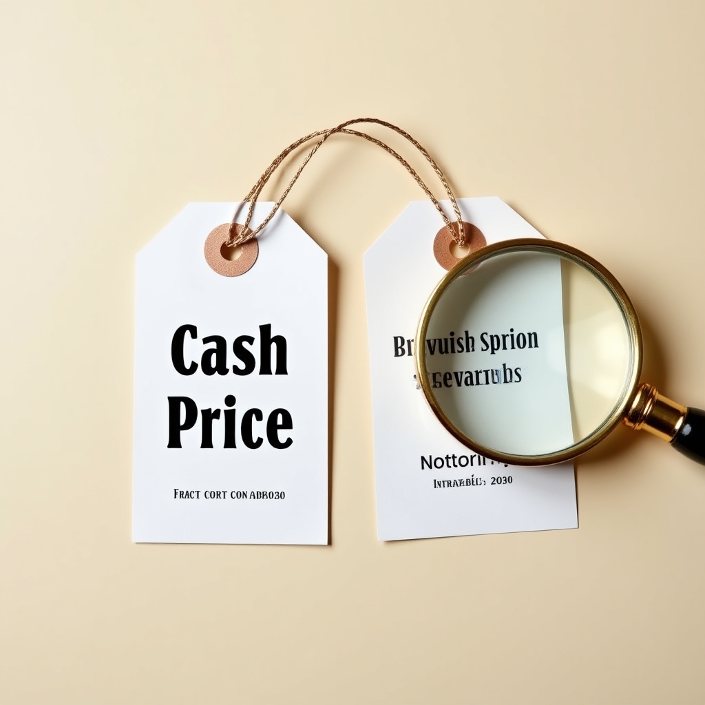Two price tags side by side showing cash price and installment price with a magnifying glass highlighting the difference