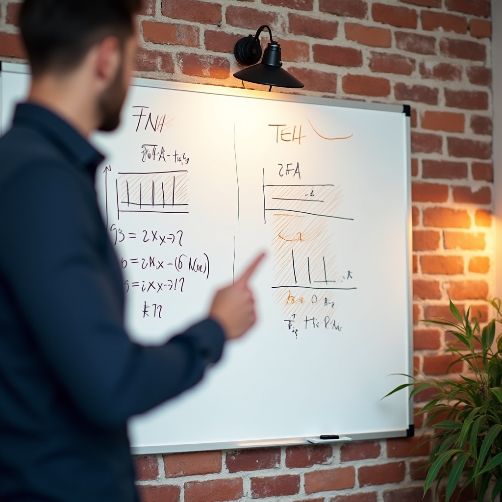 Whiteboard with interest rate comparison charts and mathematical formulas drawn in marker