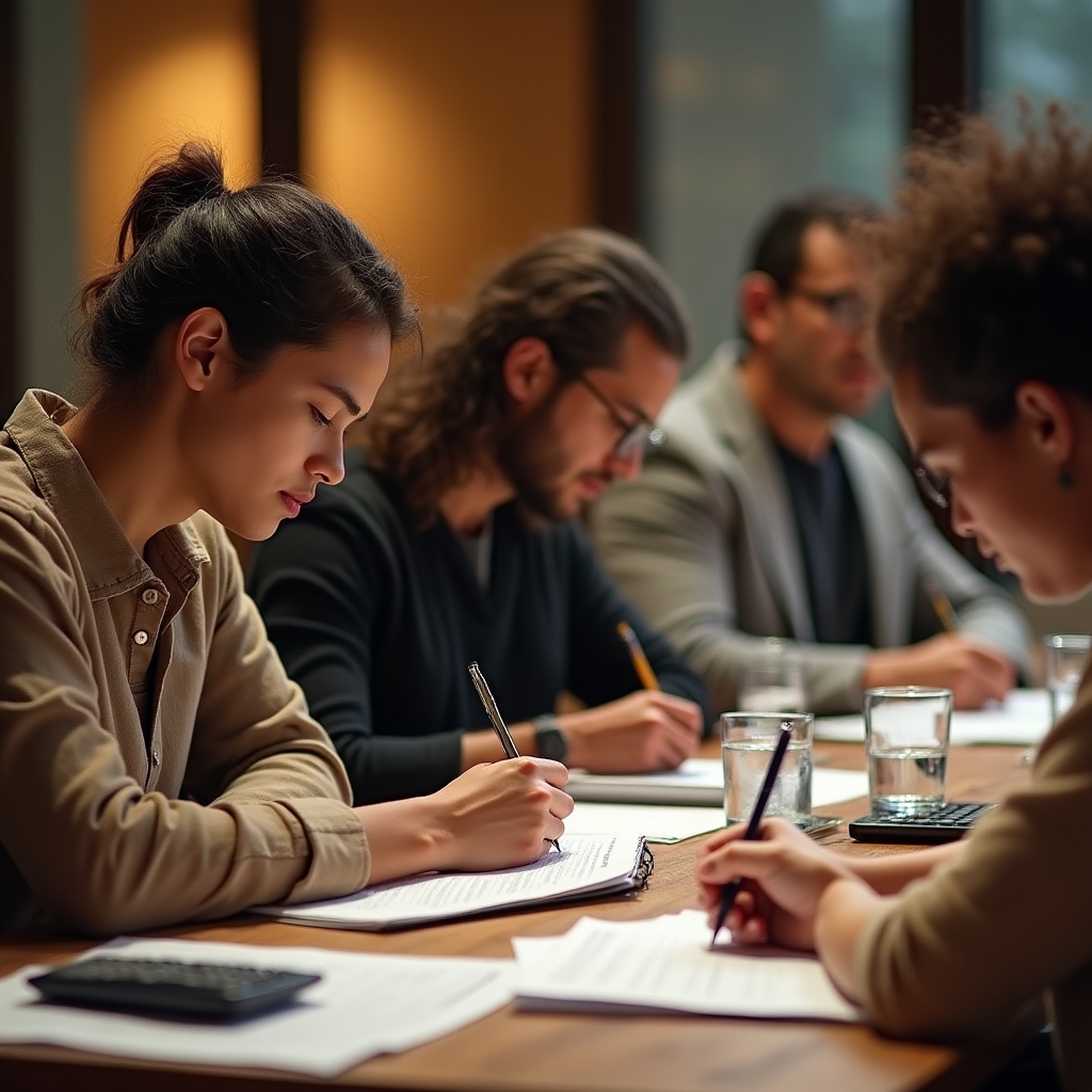 Workshop participants taking notes during a financial literacy session, focused and engaged at tables with notebooks and pens